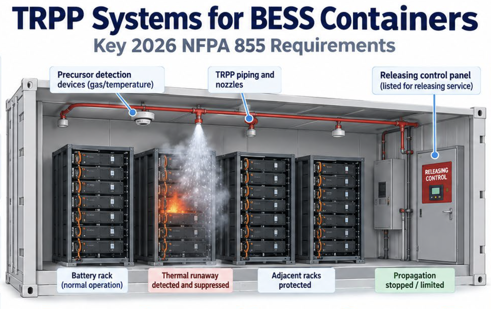 Sistema TRPP para contenedor BESS — Requisitos NFPA 855 2026: detección, supresión y prevención de propagación de fuga térmica en racks de baterías de litio